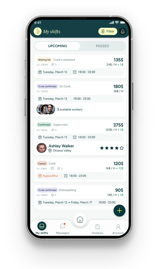 Application Goodjob montrant le tableau de bord pour publier des quarts